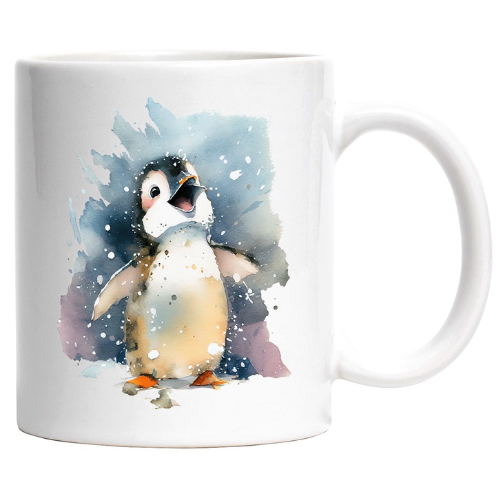 Cana Cu Pui De Pinguin Fericit In Fulgii De Zapada, Animal Dragalas, Desene Animate, Iubitorii De Animale, Multicolor, 330 ml, cu maner Alb