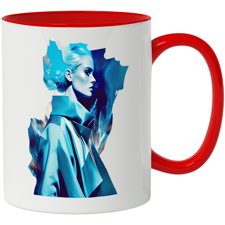 Cana Cu Portret Fata Cu Palton, Lumina Albastra, Arta Abstracta, Multicolor, 330 ml, cu maner Rosu