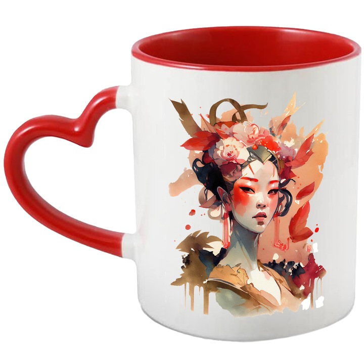 Cana Cu Portret Zeita Frumusetii Asiatice, Costum Traditional, Iubitorii De Anime, Multicolor, 330 ml, cu maner Inima Rosie