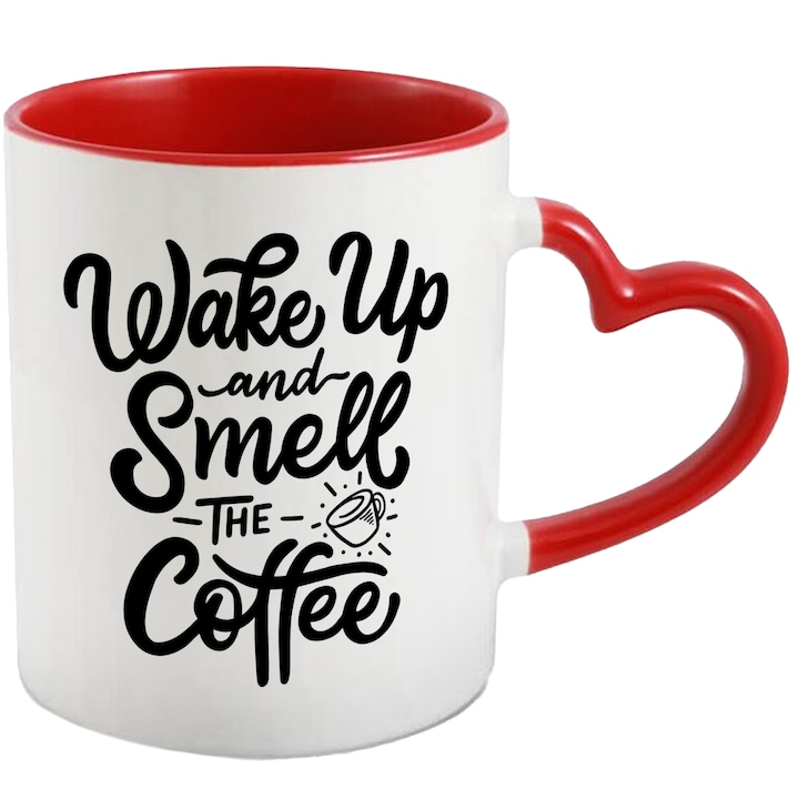 Cana Cu Mesaj Wake Up And Smell The Coffee, Dimineata, Iubitorii De Cafea, Negru, 330 ml, cu maner Inima Rosie