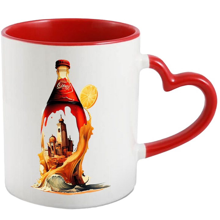 Cana Cu Pictura Sticla Sil Coca Cola, Priveliste Turnuri Stil Ciuperca, Valurile Marii, Multicolor, 330 ml, cu maner Inima Rosie