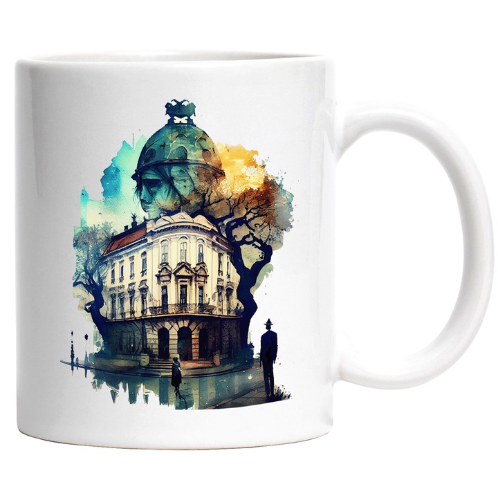 Cana Cu Strada Din Bucuresti, Coltul Unei Cladirii Contemporane, Oameni Mergand Prin Ploaie, Designe Abstract, Multicolor, 330 ml, cu maner Alb