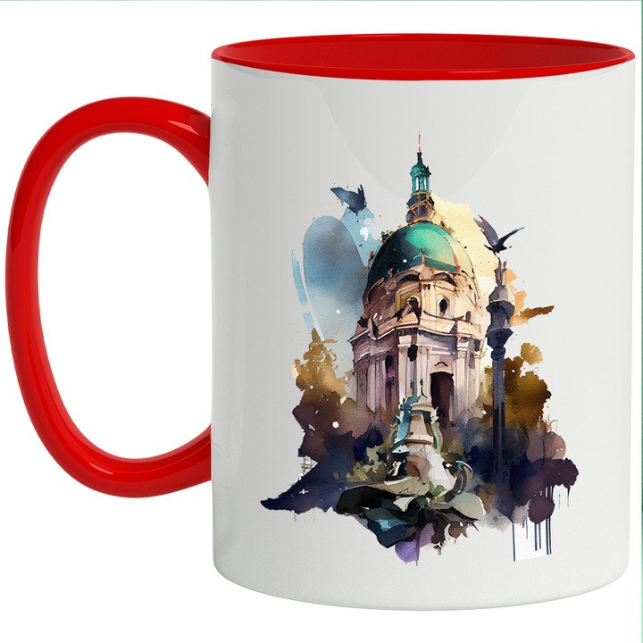 Cana Cu Cladire Din Bucuresti, Coltul Unei Cladirii Contemporane, Porumbei Zburand, Designe Abstract, Multicolor, 330 ml, cu maner Rosu