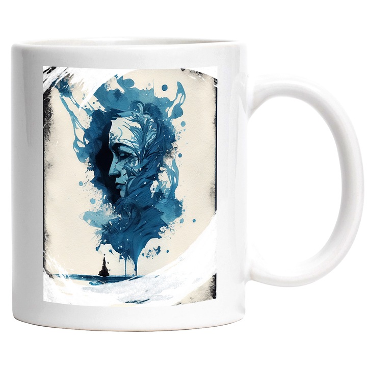 Cana Cu Chip De Femei, Foaie Murdara Albastru, 330 ml, cu maner Alb