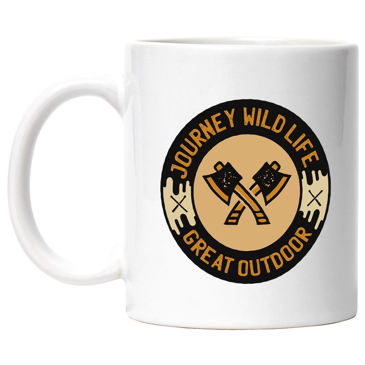 Cana Cu Mesajul Journey Wild Life Great Outdoor, Aventura, Iubitorii De Calartorie, Multicolor, 330 ml, cu maner Alb