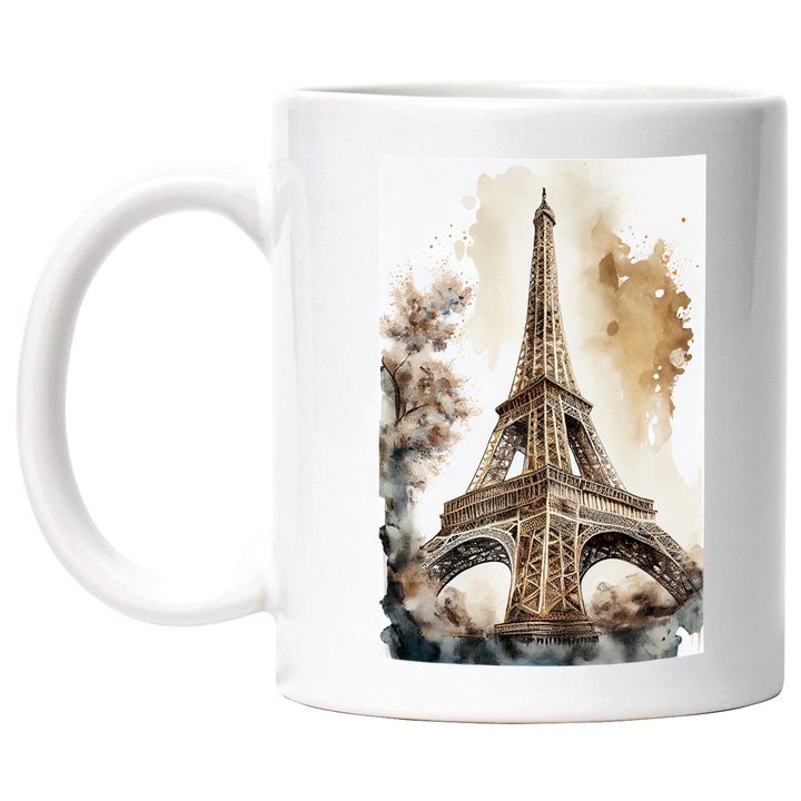 Cana Cu Peisaj Turnul Eiffel, Paris, Orasul Iubirii, Calatorii, Vacanta, Multicolor 330 ml, cu maner Alb