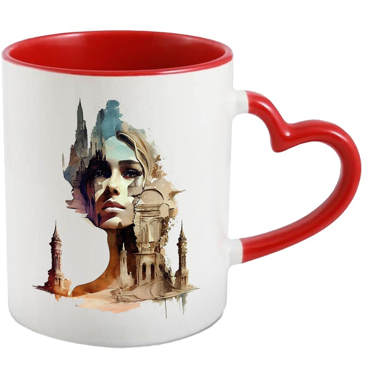 Cana Cu Portret Femeie Turnuri Inalte Contemporane, Influenta Turca, Castelul Printesei, Multicolor, 330 ml, cu maner Inima Rosie