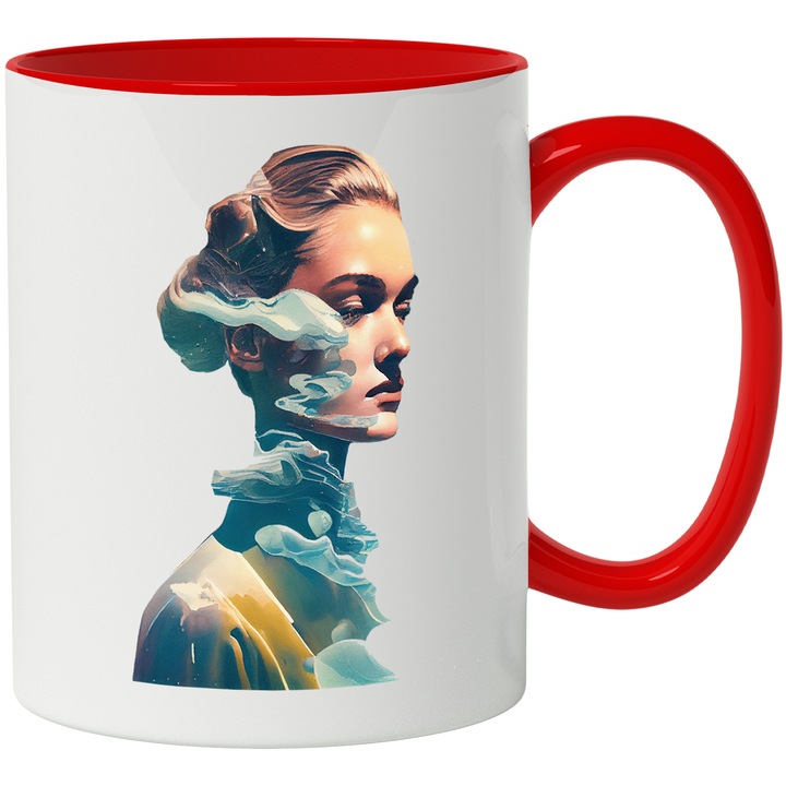 Cana Cu Pictura Chip Fata Nori Munti, Par Blond, Fata Palida, Arta Abstracta, Multicolor, 330 ml, cu maner Rosu