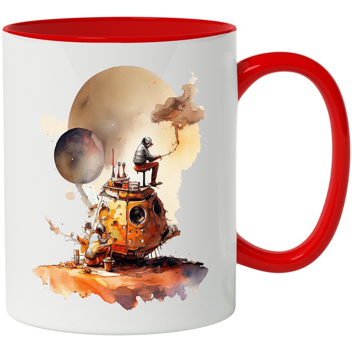 Cana Cu Pictura Muncitrii La Cap De Robot, Iubitorii De Robotica, Marte, Univers Necunoscut, Multicolor, 330 ml, cu maner Rosu