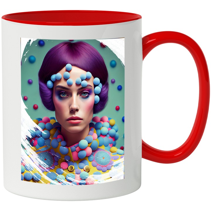 Cana Cu Portret Printesa Carnavalului, Par Mov, Bile Margele Colorate, Sf, Multicolor 330 ml, cu maner Rosu