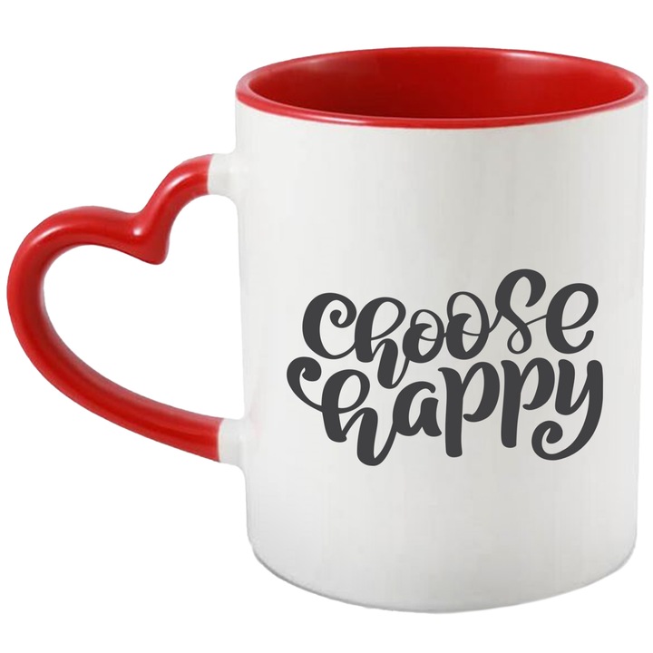 Cana Cu Mesaj Motivational Chose Happy, Fii Fericit, Relaxare, Negru, 330 ml, cu maner Inima Rosie