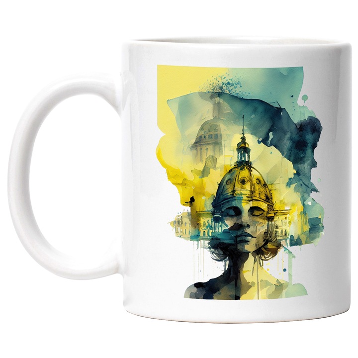 Cana Cu Chip De Femeie Plarie Stil Acoperis Unei Cladiri Vechi, Priveliste Centrul Vechi, Designe Abstract, Multicolor, 330 ml, cu maner Alb