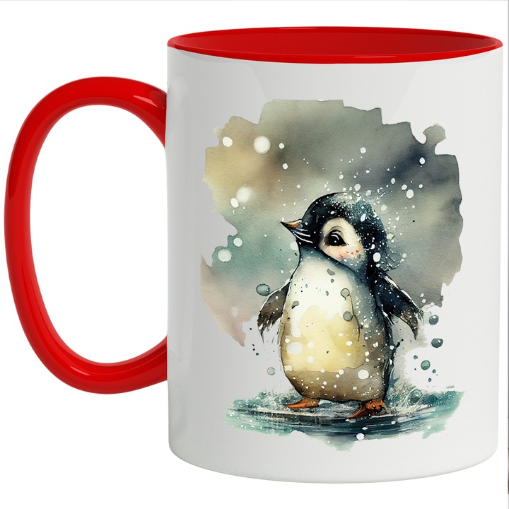 Cana Cu Pui De Pinguin Fericit In Fulgii De Zapada Cu Picioarele In Apa, Animal Dragalas, Desene Animate, Iubitorii De Animale, Multicolor, 330 ml, cu maner Rosu