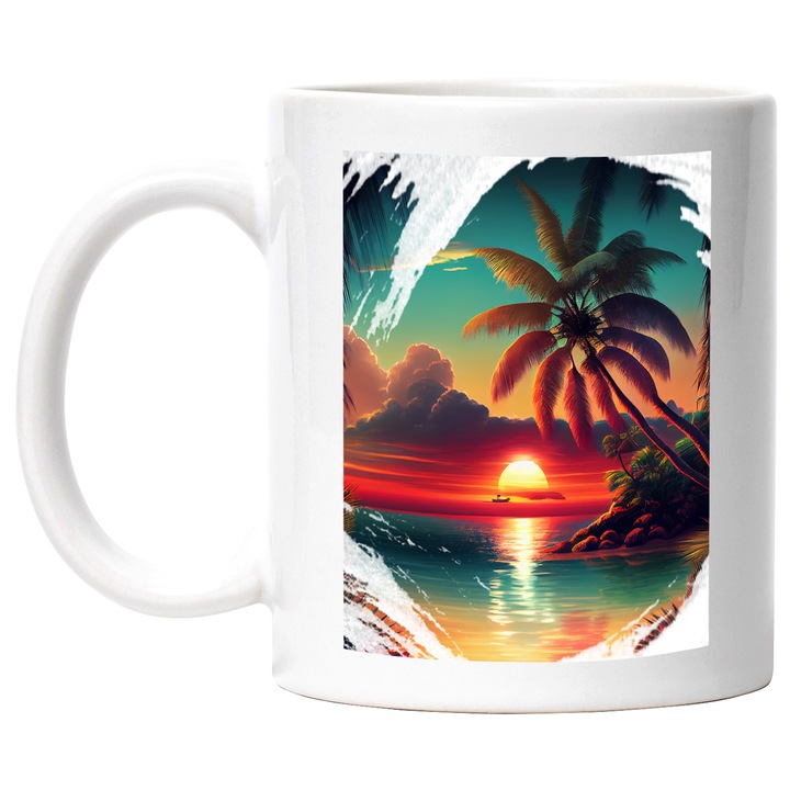 Cana Cu Peisaj Apus De Soare Pe Malul Marii, Apa Stralucitoare, Copaci Exotici, Vacanta, Multicolor 330 ml, cu maner Alb