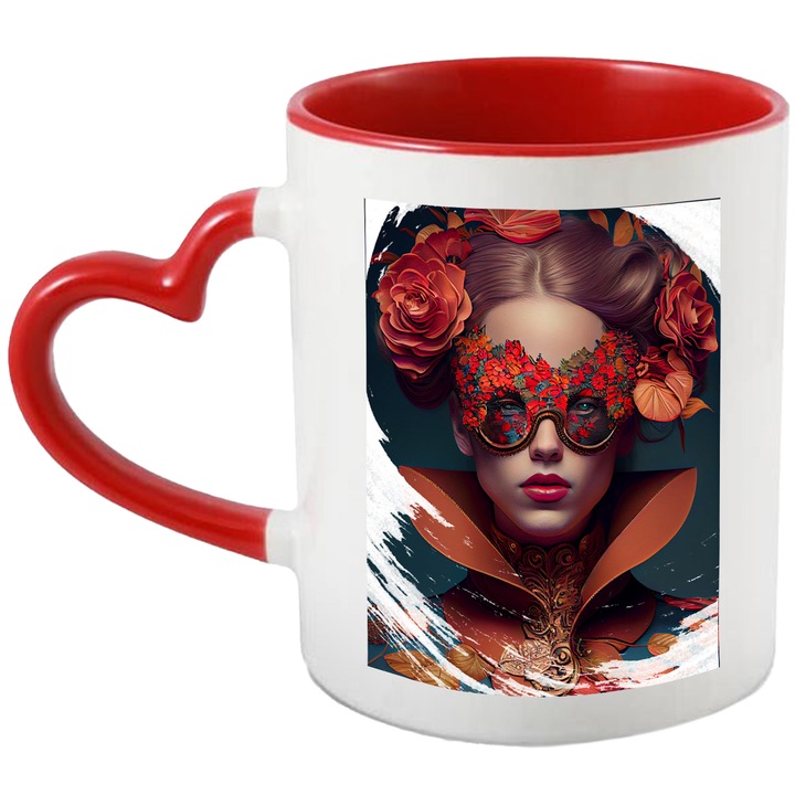 Cana Cu Portret Regina Carnavalului, Ochelarii Trandafiri Rosii, Bandana De Flori, Par Roscat, Multicolor 330 ml, cu maner Inima Rosie