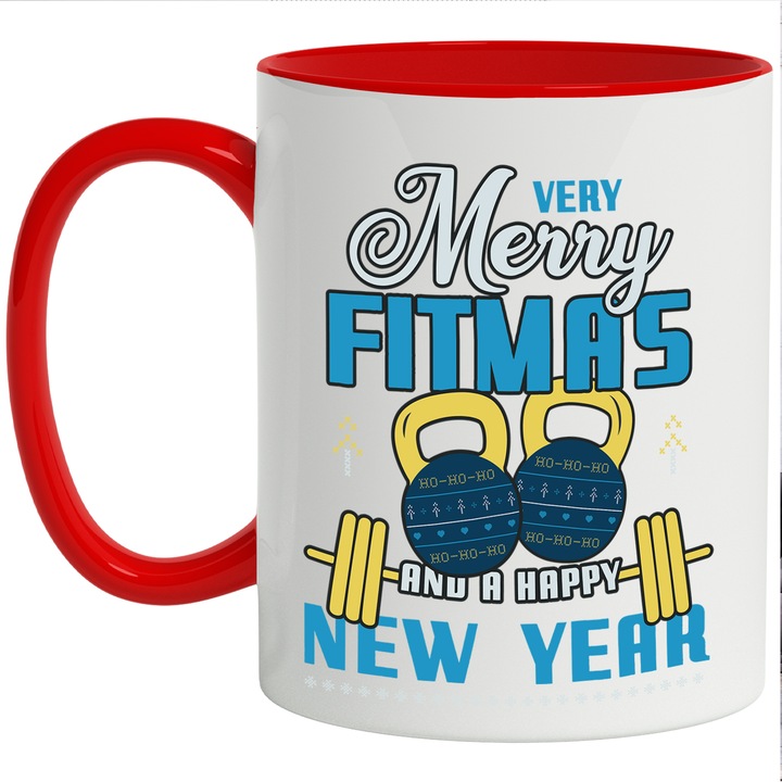 Cana Cu Mesajul Haios Very Merry Fitmas, Gym, Iubitorii De Fitness, Negru, 330 ml, cu maner Rosu