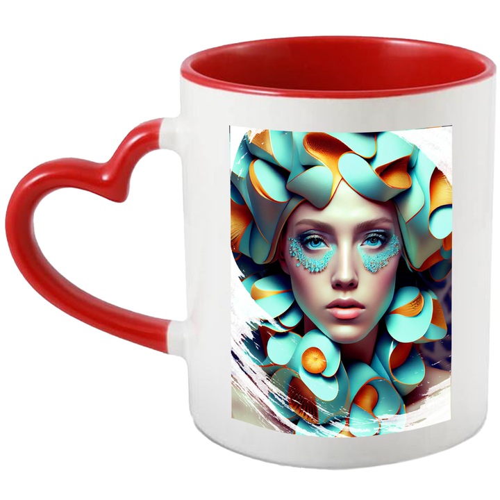 Cana Cu Portret Fata Palarie Bizara Albastra, Make Up Albastru, Ochii Albastri, Multicolor 330 ml, cu maner Inima Rosie