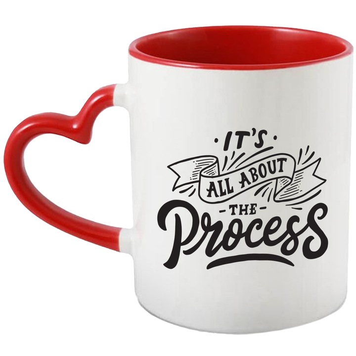 Cana Cu Mesajul Motivational It's All About The Process, Procesul Este Totul, Negru, 330 ml, cu maner Inima Rosie