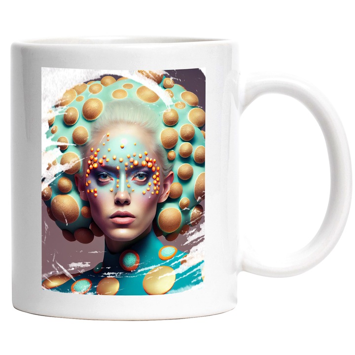 Cana Cu Portret Regina Carnavalului, Tinuta Bizara, Palarie Albastra, Make Up Albastru Cu Margele Galbene, Multicolor 330 ml, cu maner Alb