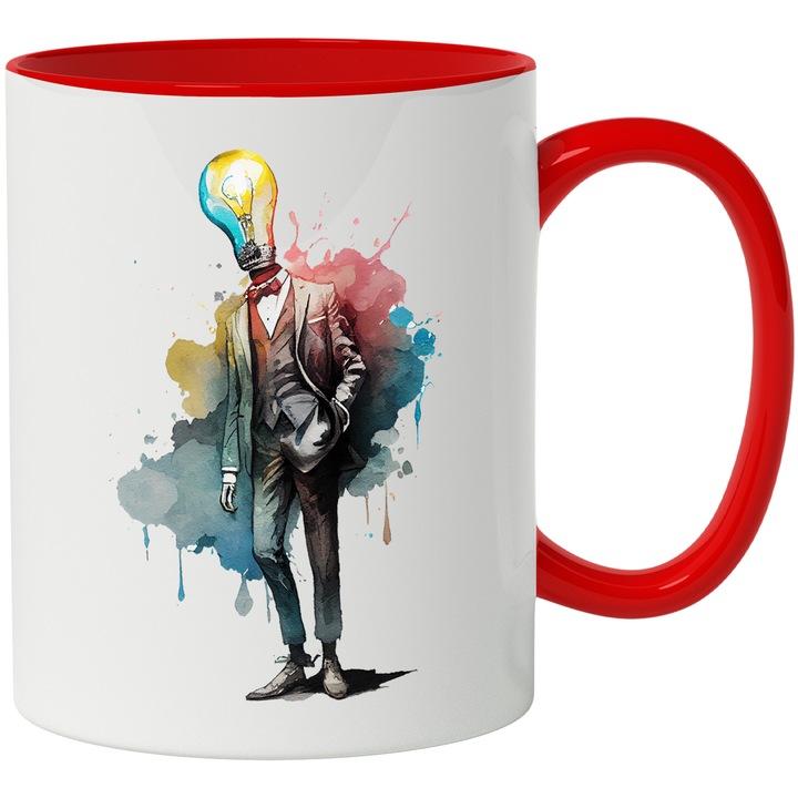 Cana Cu Arta Abstracta, Silueta Barbateasca In Costum, Bec In Loc De Cap, Cer Multicolor, Multicolor, 330 ml, cu maner Rosu