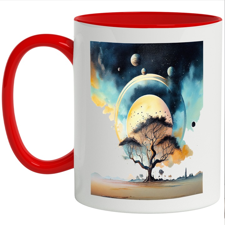 Cana Cu Priveliste Bizara Pom In Stralucirea Soarelui, Planete Pe Cer, Iubitorii De Astronomie, Multicolor, 330 ml, cu maner Rosu