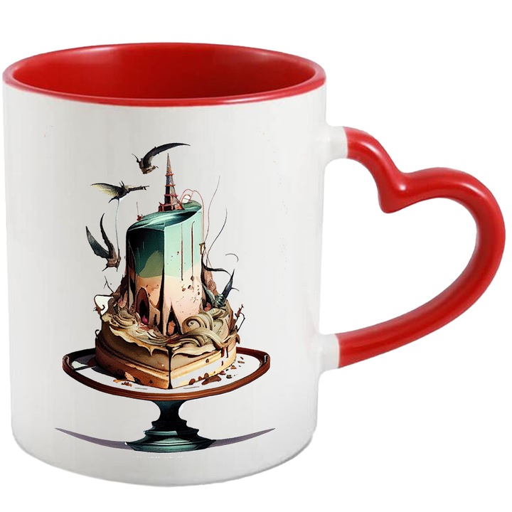 Cana Cu Tort Abstract, Inspirat Mare Turn, Dragoni Zburand, Multicolor, 330 ml, cu maner Inima Rosie