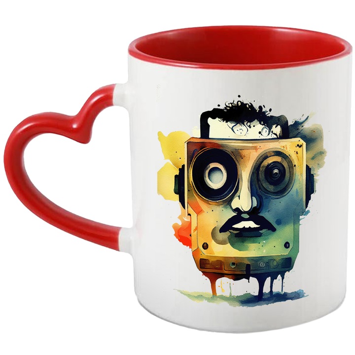 Cana Cu Casetofon Vechi Chip Uman, Desene Animate Haioasa, Copii, Designe Abstract, Multicolor, 330 ml, cu maner Inima Rosie
