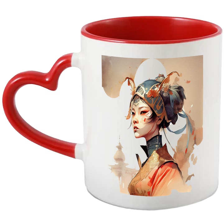 Cana Cu Portret Razboinica Asiatica, Costum Traditional Asiatic, Iubitorii De Anime, Multicolor, 330 ml, cu maner Inima Rosie