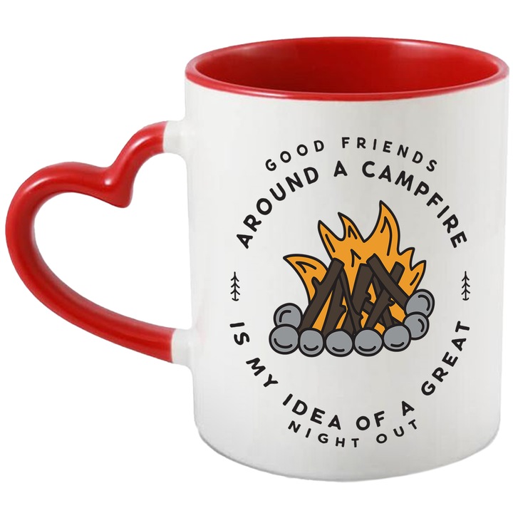Cana Cu Mesajul Good Friends Around Campfire Is My Idea Of A Great Night Out, Tabara, Iubitorii De Camping, Negru, 330 ml, cu maner Inima Rosie