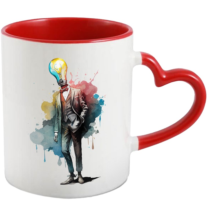 Cana Cu Arta Abstracta, Silueta Barbateasca In Costum, Bec In Loc De Cap, Cer Multicolor, Multicolor, 330 ml, cu maner Inima Rosie