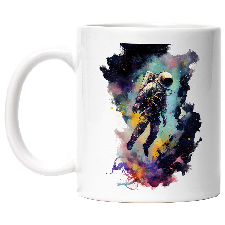 Cana Cu Pictura Astronaut In Spatiu, Iubitorii De Astronomie, Univers Infinit, Cer Colorat, Multicolor, 330 ml, cu maner Alb