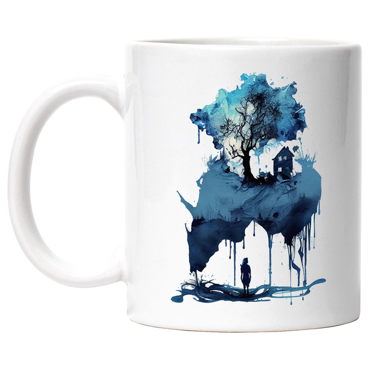 Cana Cu Pictura Curgatoare, Casa Langa Un Copac, Copil Privind Spre Cer, Albastru, 330 ml, cu maner Alb