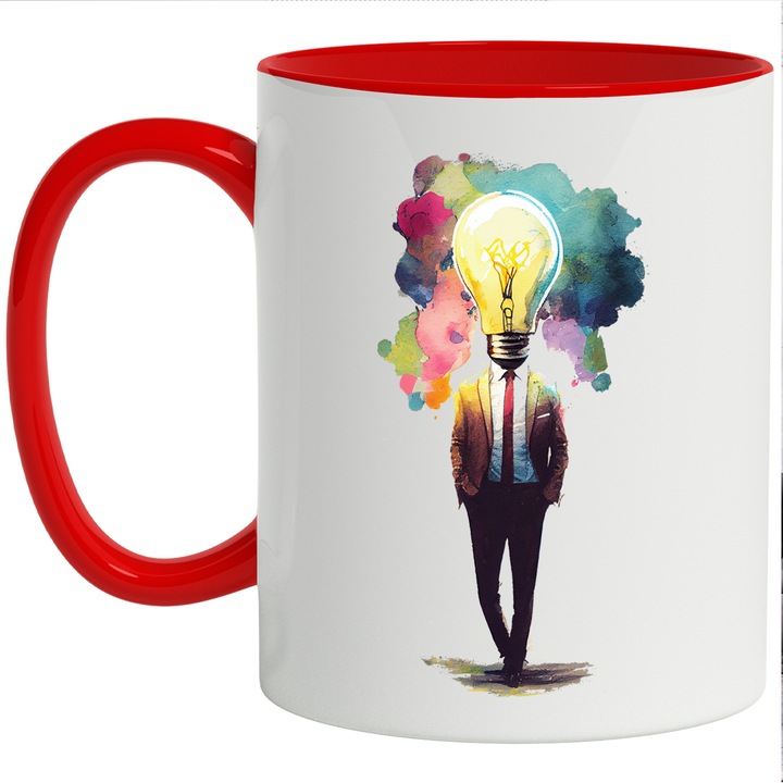 Cana Cu Arta Abstracta, Silueta Barbateasca, Bec In Loc De Cap, Cer Multicolor, Multicolor, 330 ml, cu maner Rosu