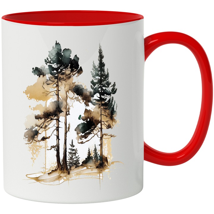 Cana Cu Pictura Curgatoare, Copaci Inalti, Padure Verde, Iubitorii De Aventura, Frumusetea Naturii, Multicolor, 330 ml, cu maner Rosu