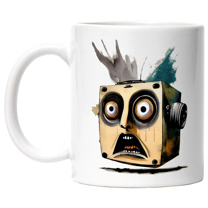 Cana Cu Casetofon Robot Painting, Desene Animate Haioasa, Copii, Designe Abstract, Multicolor, 330 ml, cu maner Alb