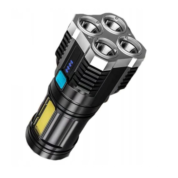 Тактически 4 LED COB фенер, включен Micro-USB кабел за зареждане, 1000 лумена, 4 режима, 15x6x11 см, черен