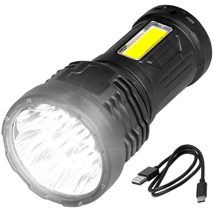 Vayox VA0114 LED фенер, 8x3030 LED източник, батерия, USB-C, IPX4 водоустойчивост, със странична светлина, 600 лумена, черен