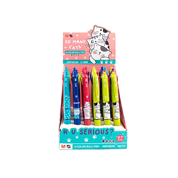 Set Pix retractabil 4 in 1, So many cats, cu grip de cauciuc, negru/albastru/rosu/verde, 0.7mm, 36 buc/set, M&G