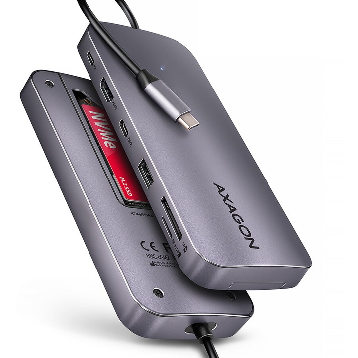 Axagon HMC-6GM2 USB хъб, USB-C 3.2 Gen 2, USB-A, M.2 SATA/NVMe, HDMI, PD 100W, Метално сиво