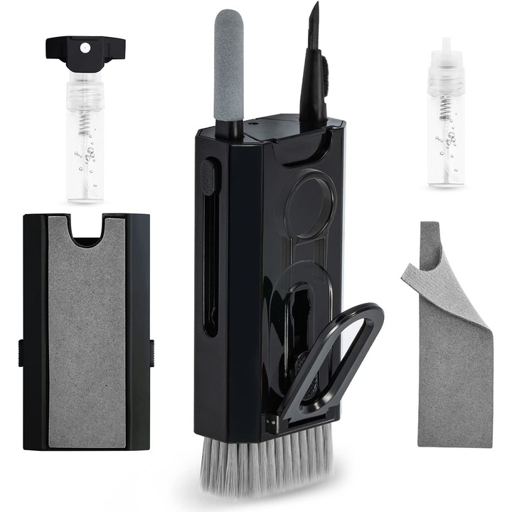 Set accesorii pentru curatare telefon, casti, tastaturi, 8 in 1, plastic, Negru