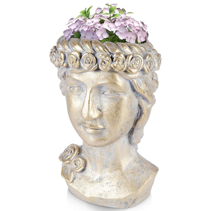 Декоративна саксия Greek Azay Design, Тип статуетка във формата на глава, За растения, Керамика, Старинен ефект, Сив/Златист, Височина 33 см