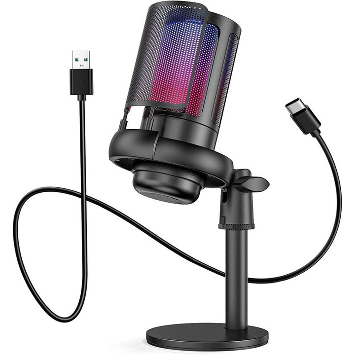 Microfon condensator pentru jocuri, WALALLA, RGB, Incarcare USB, Negru