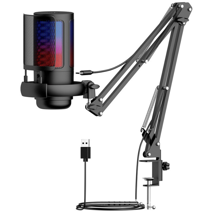 Microfon condensator pentru jocuri, WALALLA, RGB, Cu paranteza, Negru