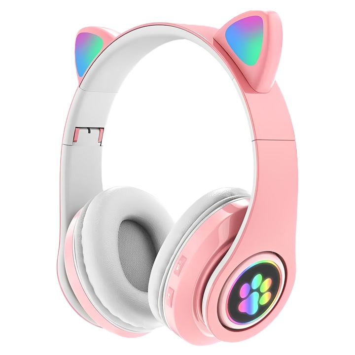 Casti Pisica, Wireless, Stereo, Lumini RGB, Bluetooth 5.0, Slot SD, Culoare Roz Alb