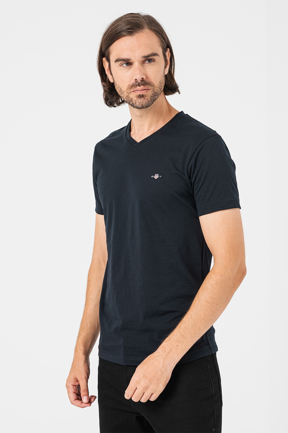 Gant, Tricou slim fit cu decolteu in V Shield, Negru, S