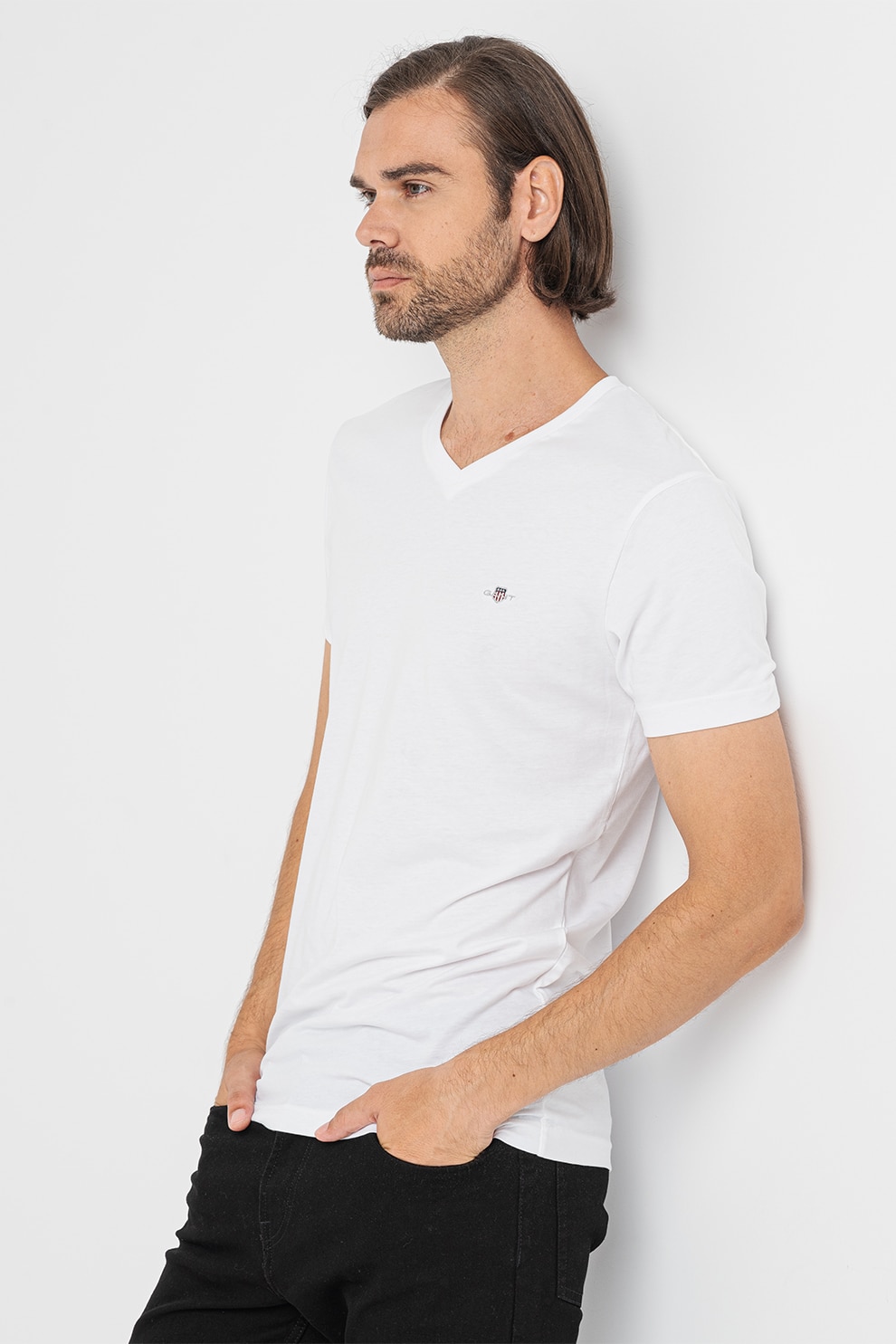 Gant, Tricou slim fit cu decolteu in V Shield, Alb optic, XL