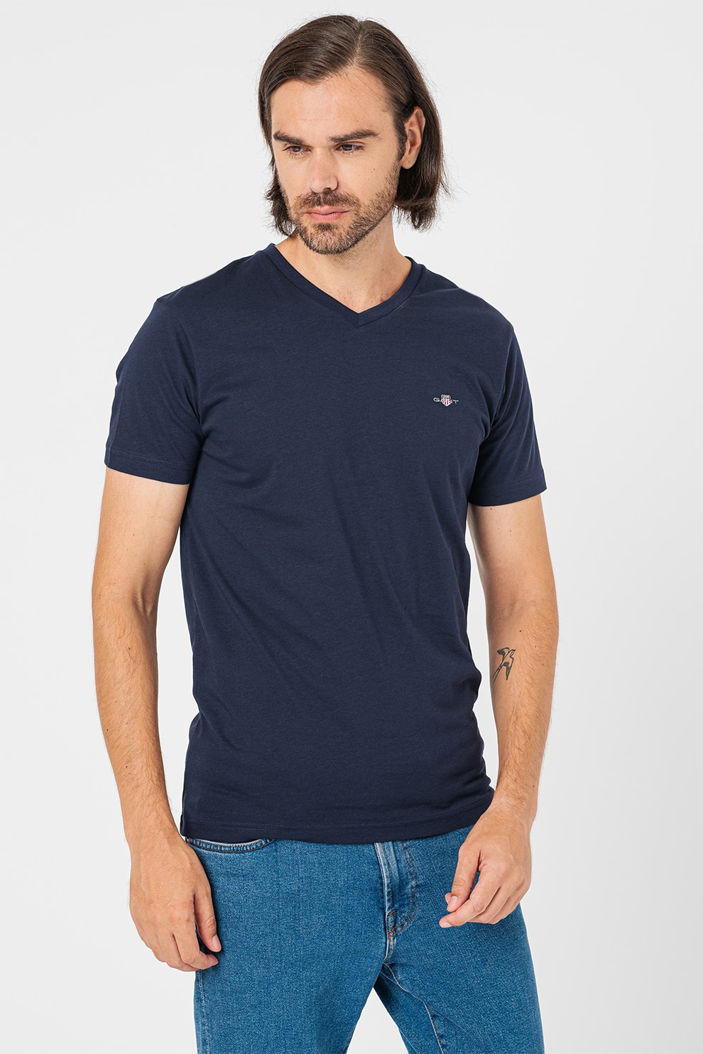 Gant, Tricou slim fit cu decolteu in V Shield, Bleumarin, L