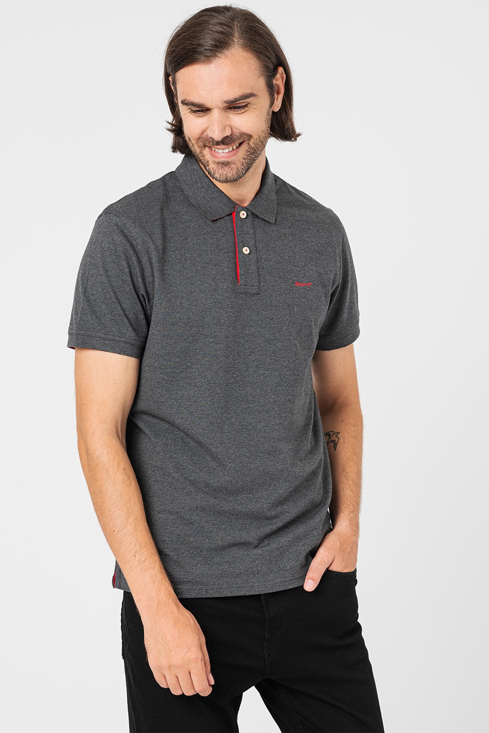 Gant, Tricou polo din amestec de bumbac, Rosu, Gri inchis melange, 3XL