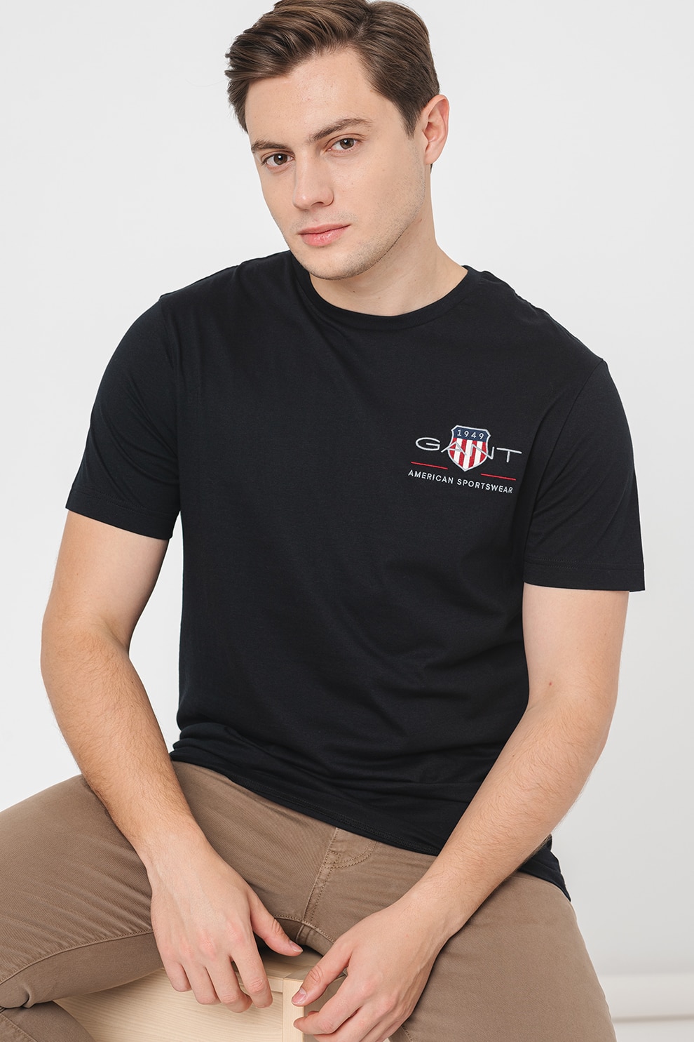 Gant, Tricou regular fit din bumbac cu broderie logo, Negru, L