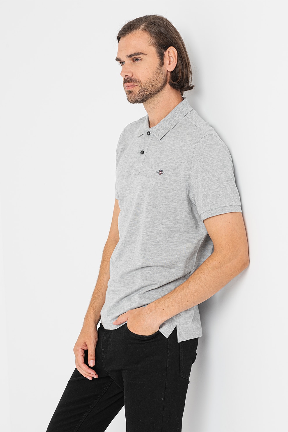 Gant, Tricou polo din bumbac cu aspect pique, Gri deschis melange, 2XL
